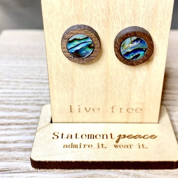 HANDMADE Earrings Artisan ABALONE Wood Shell Studs Hand Crafted Eco Friendly - Picture 2 of 3